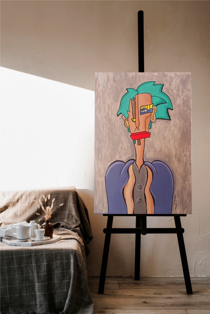 Figure with green hair