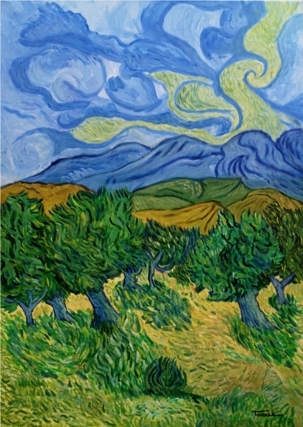 Olive trees with mountains
